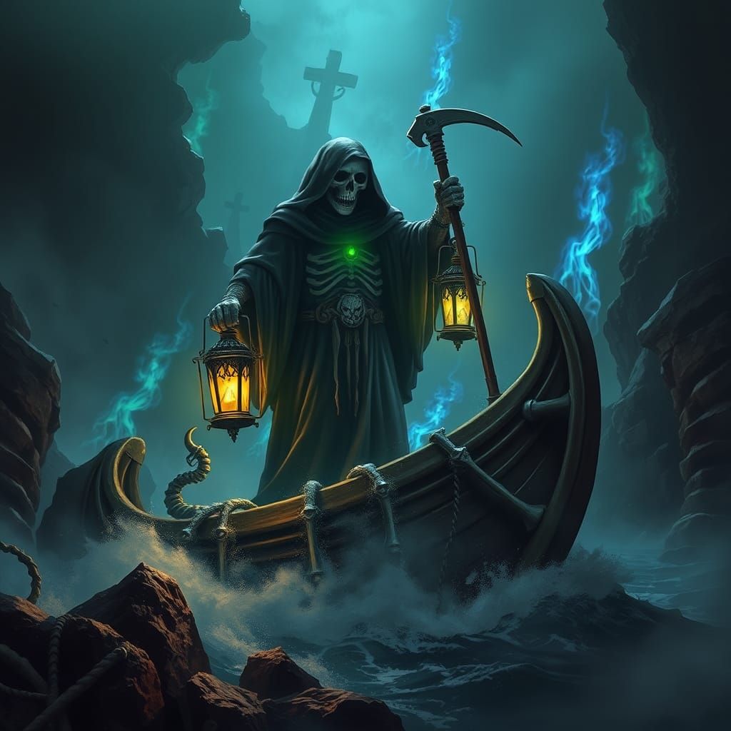 Grim Reaper in Nautical Underworld with Blue Flames