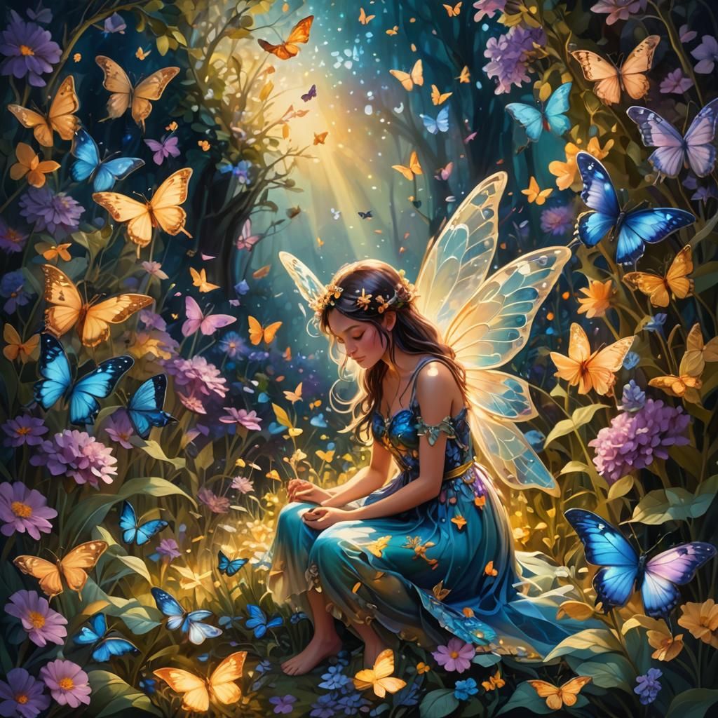 Fairy in Glowing Garden: Whimsical Oil Painting