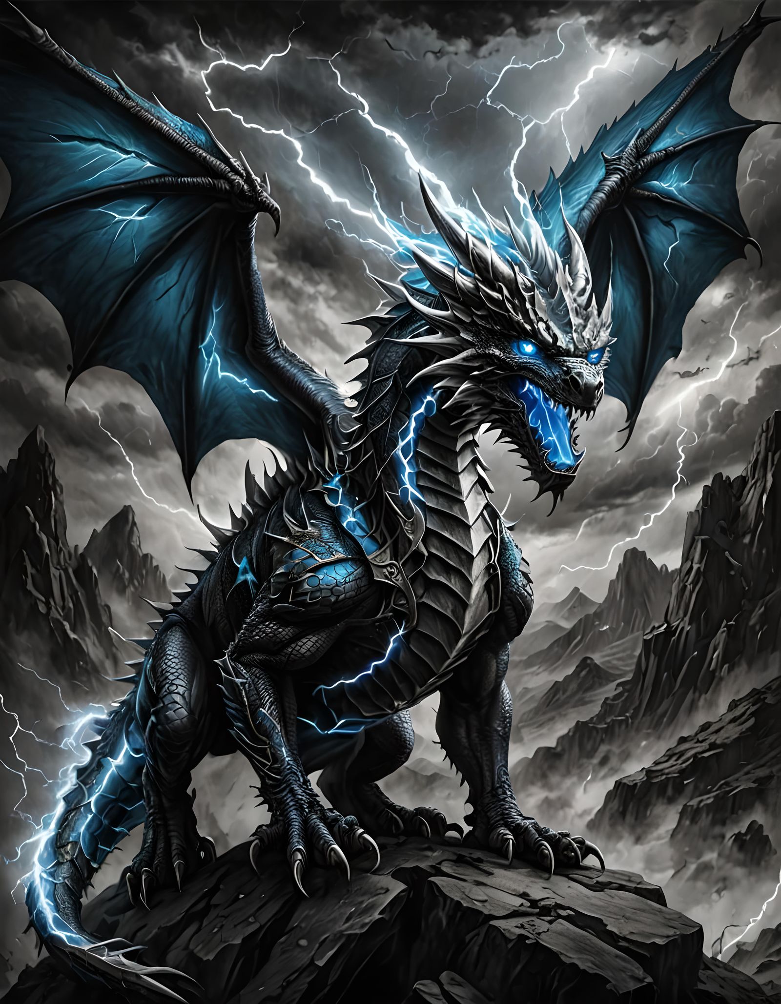 Lightning Dragon Charcoal Sketch Amidst Thunderstorm