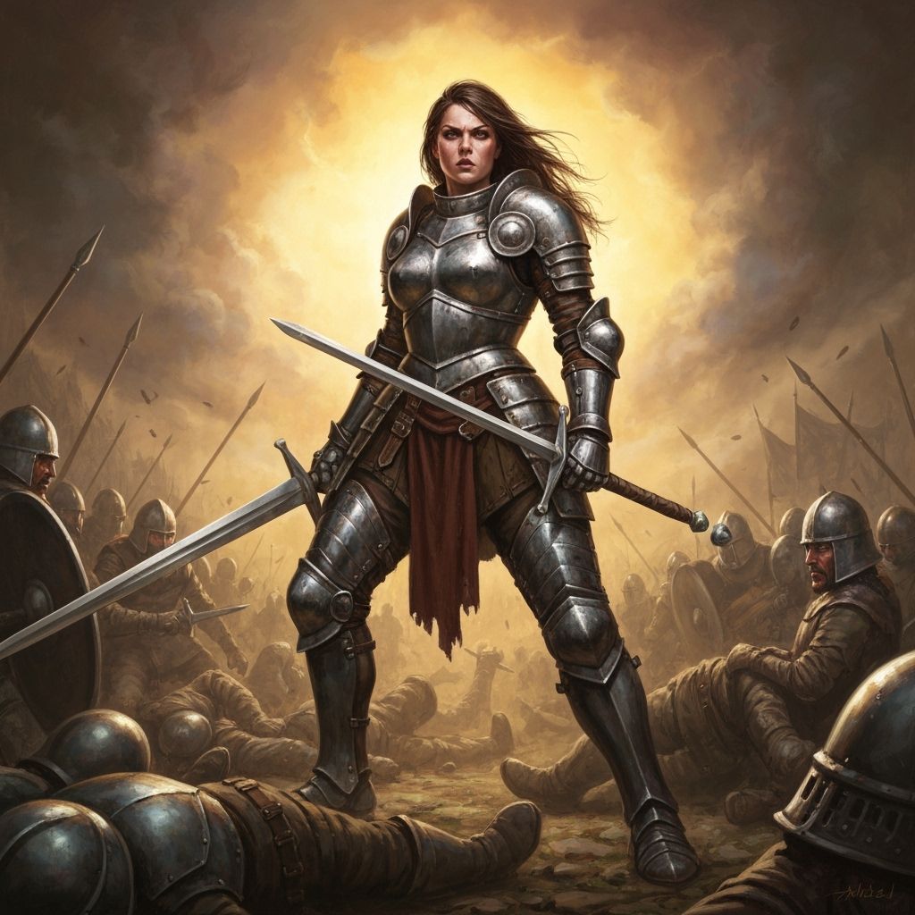 Female Teutonic Knight Amidst Battle, as Oil Painting
