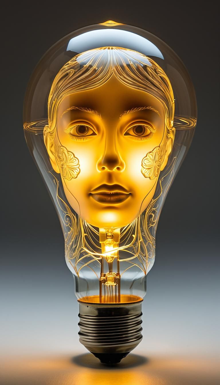 Surreal Lightbulb Woman's Face with Warm Glow