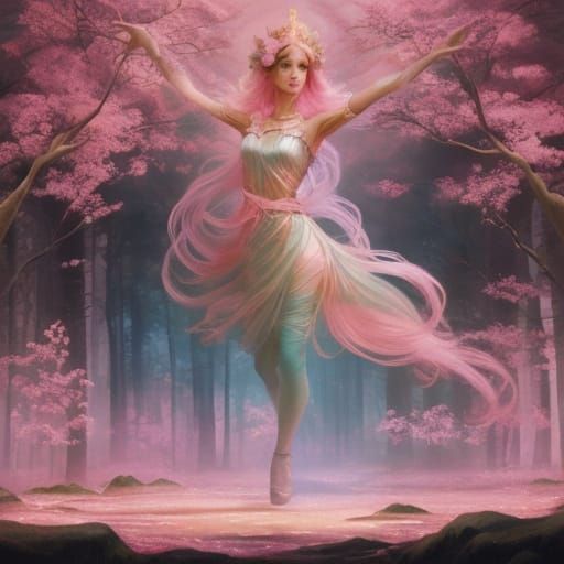 Pink Dancer in Dreamlike Forest: Alphonse Mucha Style