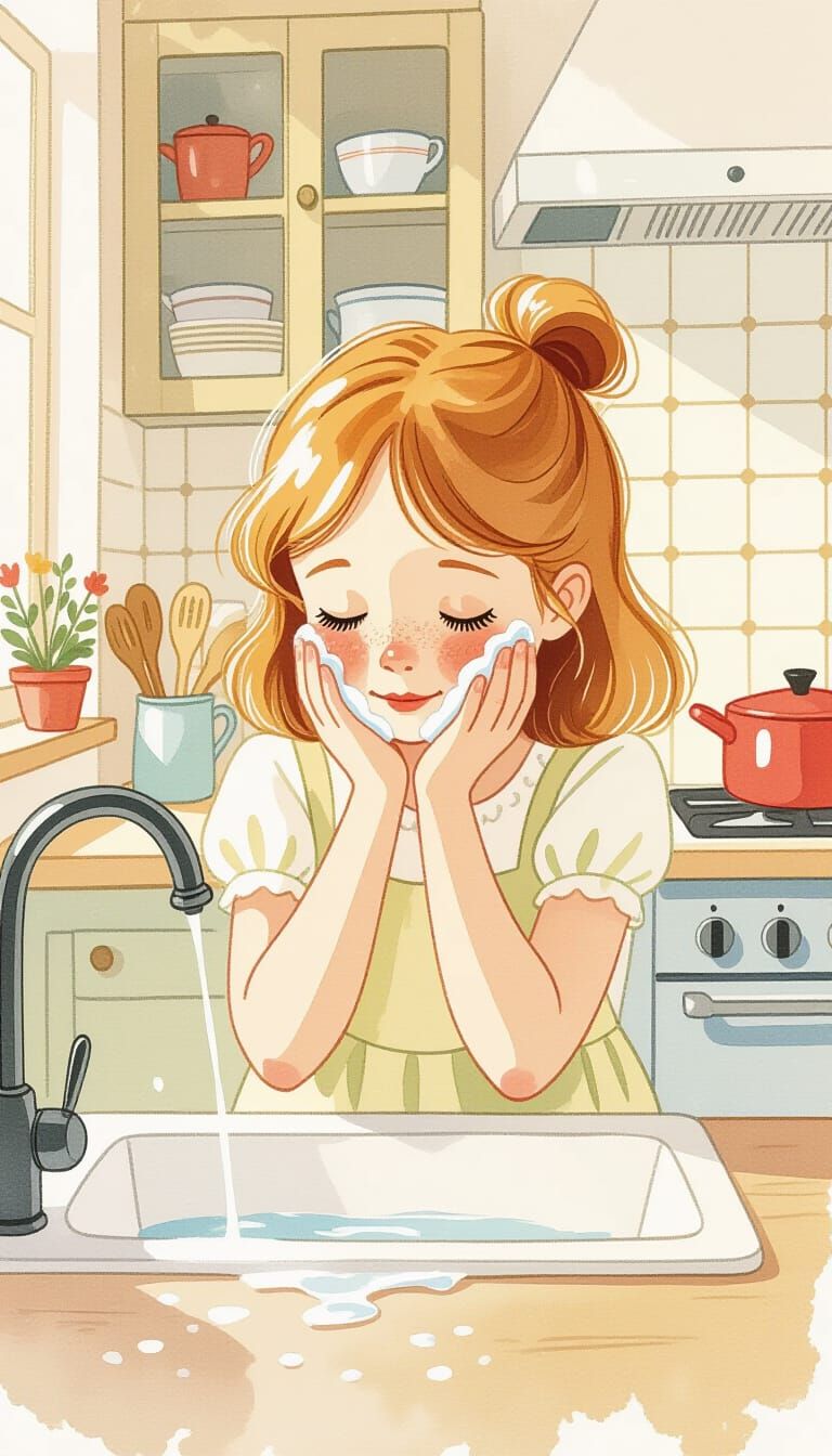 Girl Washing Face in Kitchen, Watercolor Illustration