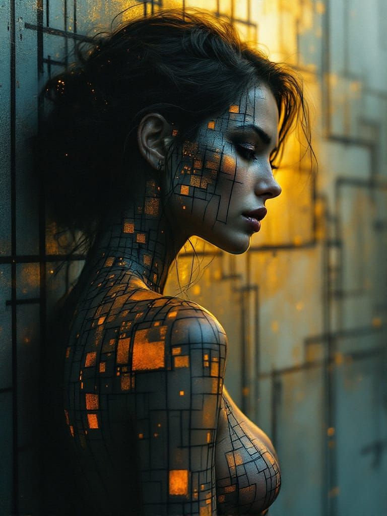 Woman's Geometric Body Art Fades Into Cityscape