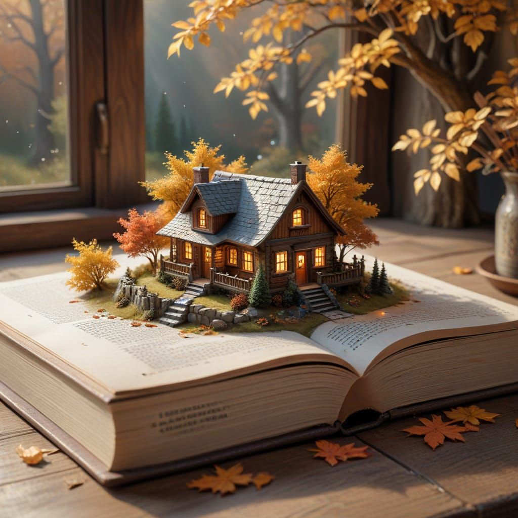 Cozy Autumn Cabin on Open Book in Ethereal Fantasy Art