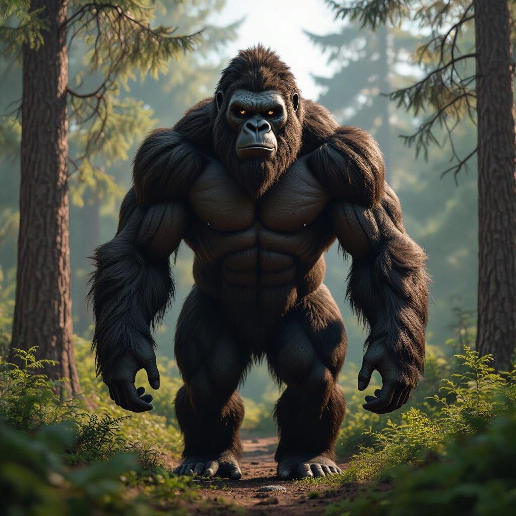 Intelligent Bigfoot Goddess of Ice and Fire in Forest