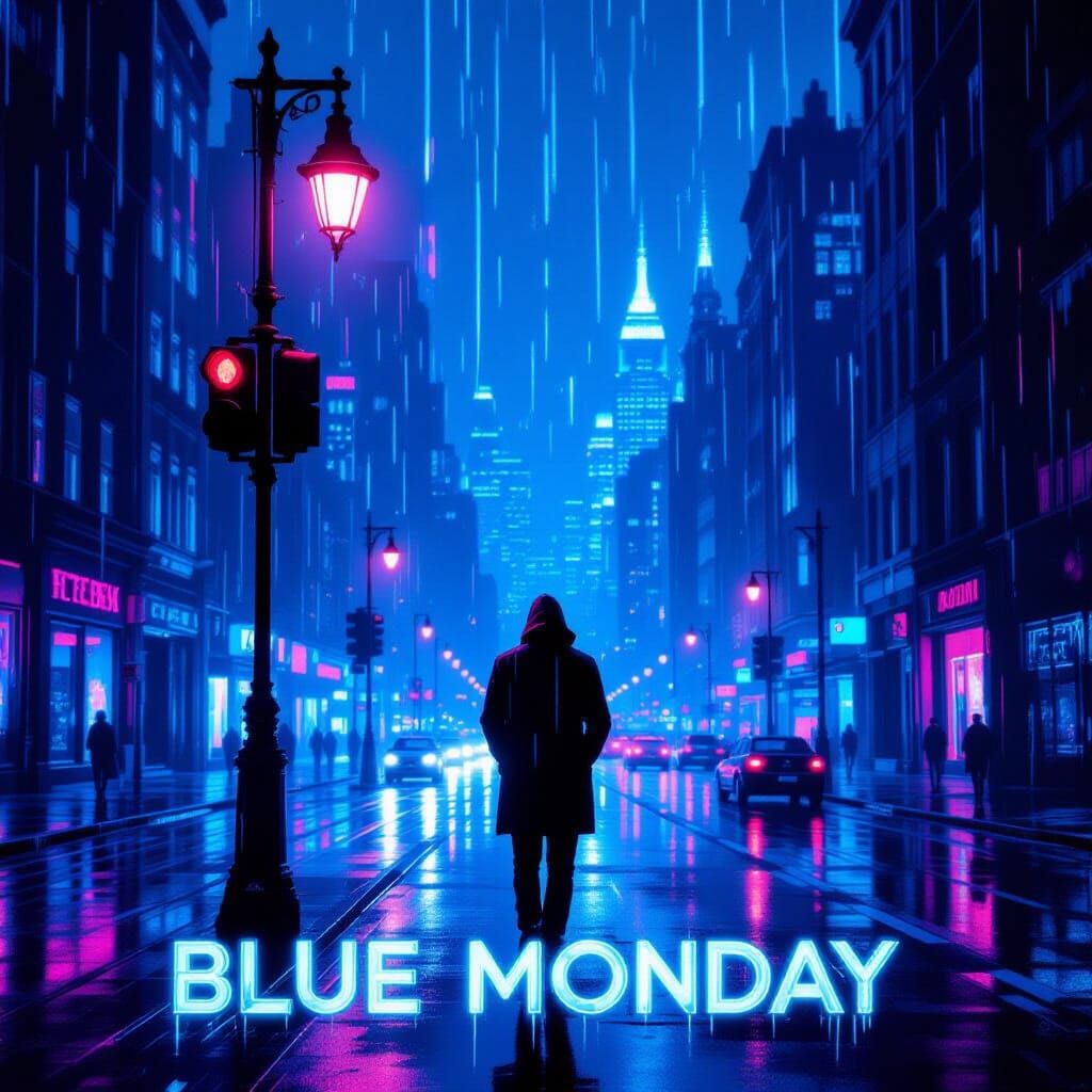 Lone Figure in Neon Rain Cityscape - Cyberpunk Style