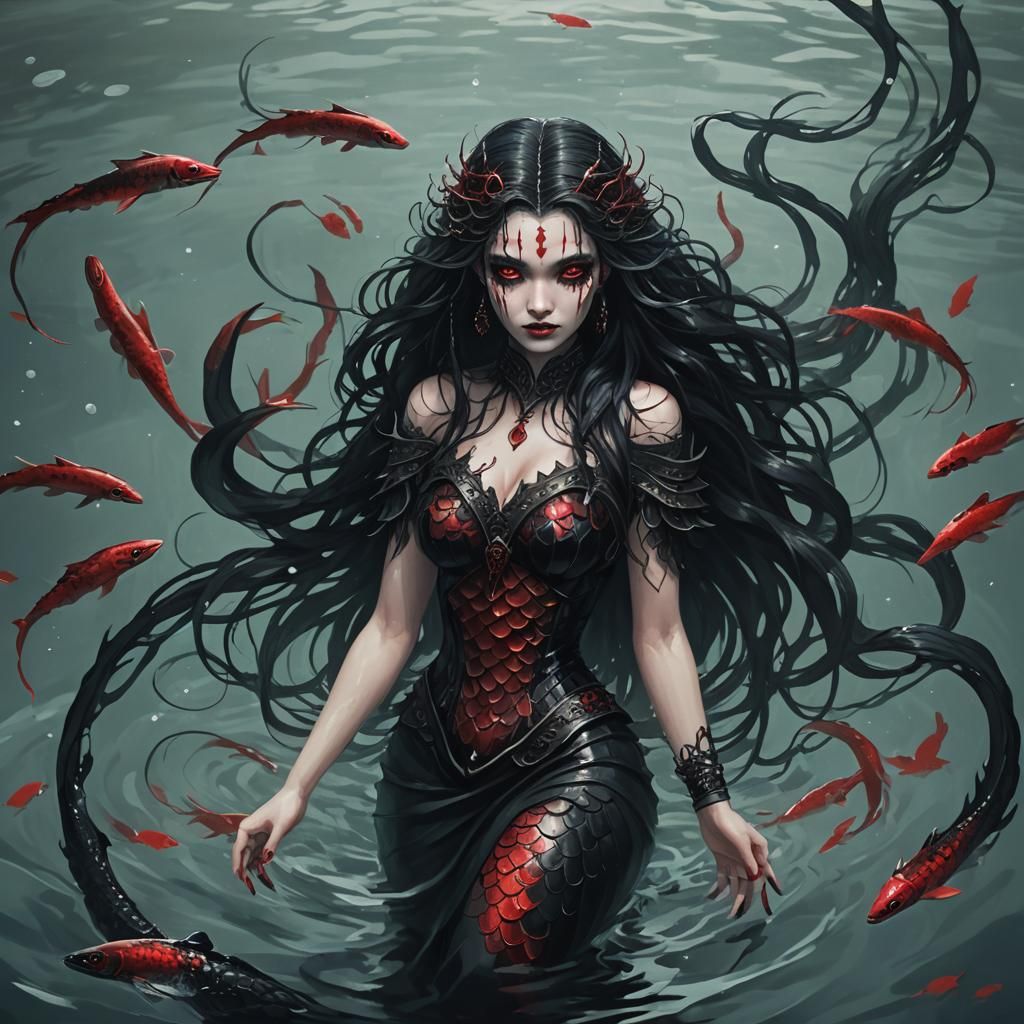 Siren with Black and Red Scales