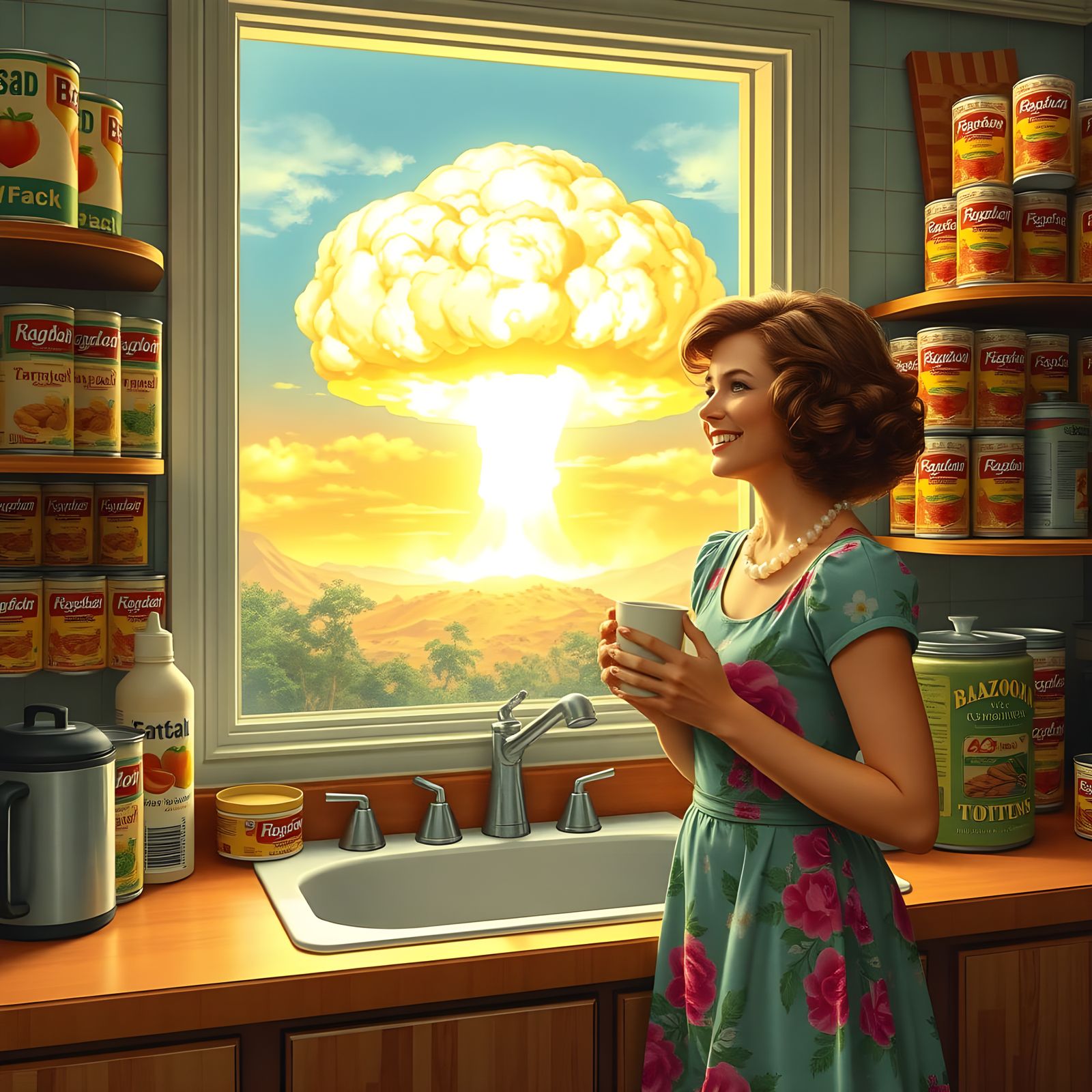 Housewife Smiles at Atomic Explosion from Kitchen Window