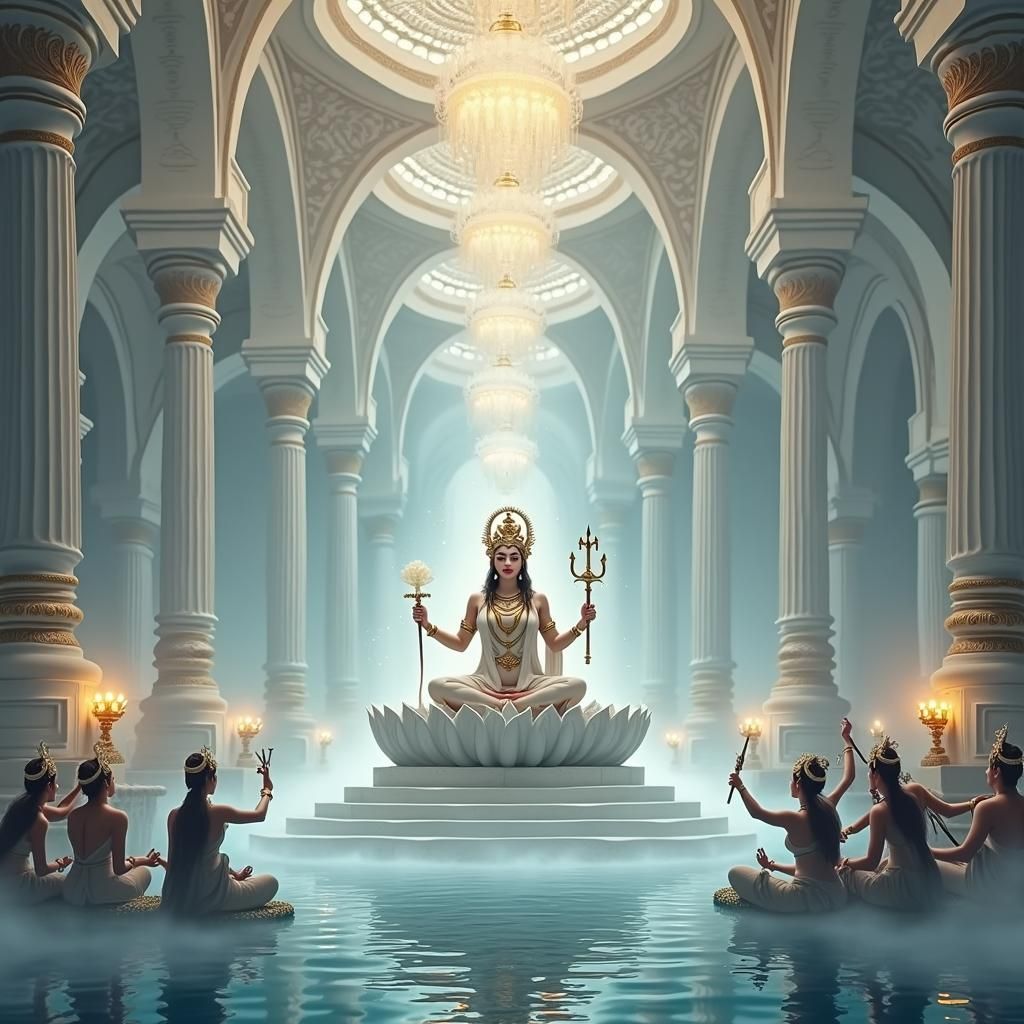 Varuna's Divine Assembly Hall in Hyperrealistic Style