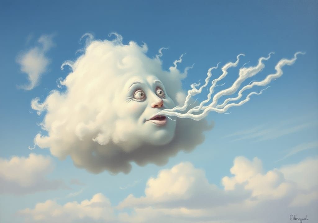 Whimsical Cloud Face Blows Wind: An Oil Painting