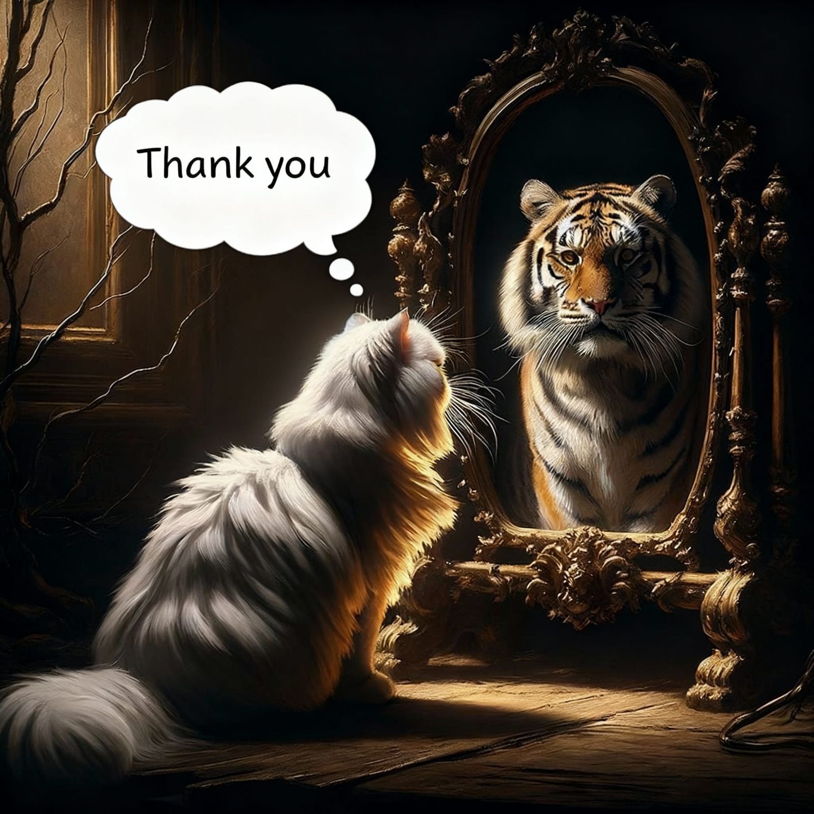 Persian Cat Sees Itself as a Tiger in Baroque Mirror