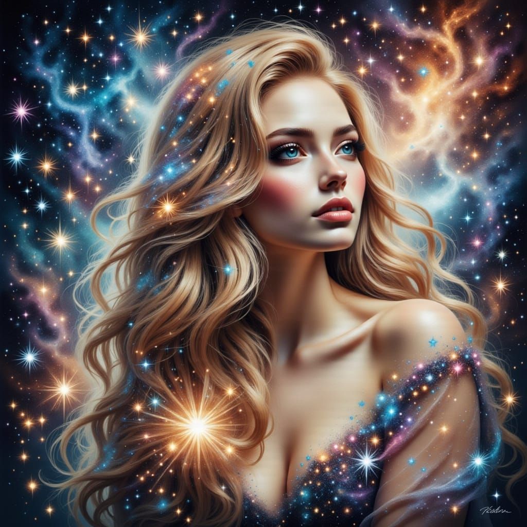 Whimsical Double Exposure Portrait in a Cosmic Starry Backgr...