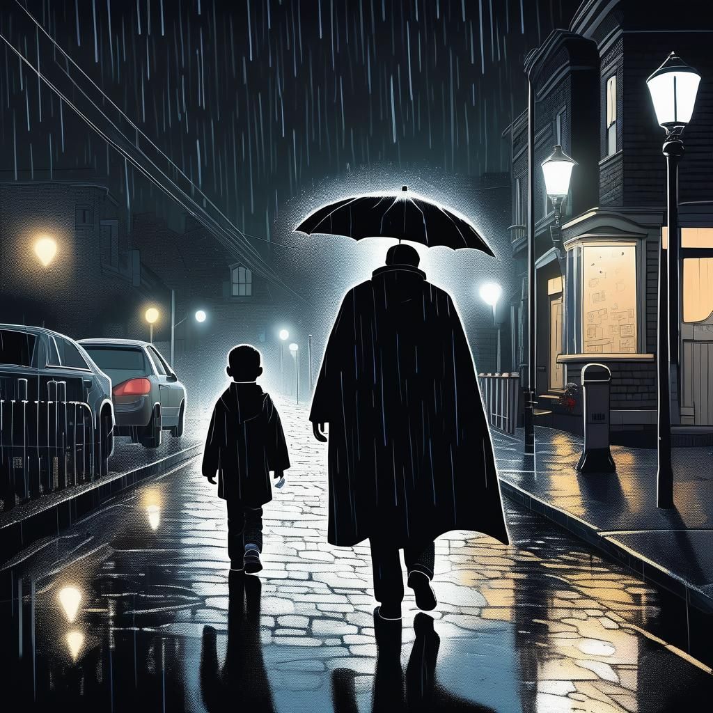 Rainy Street Scene with Man in Cape