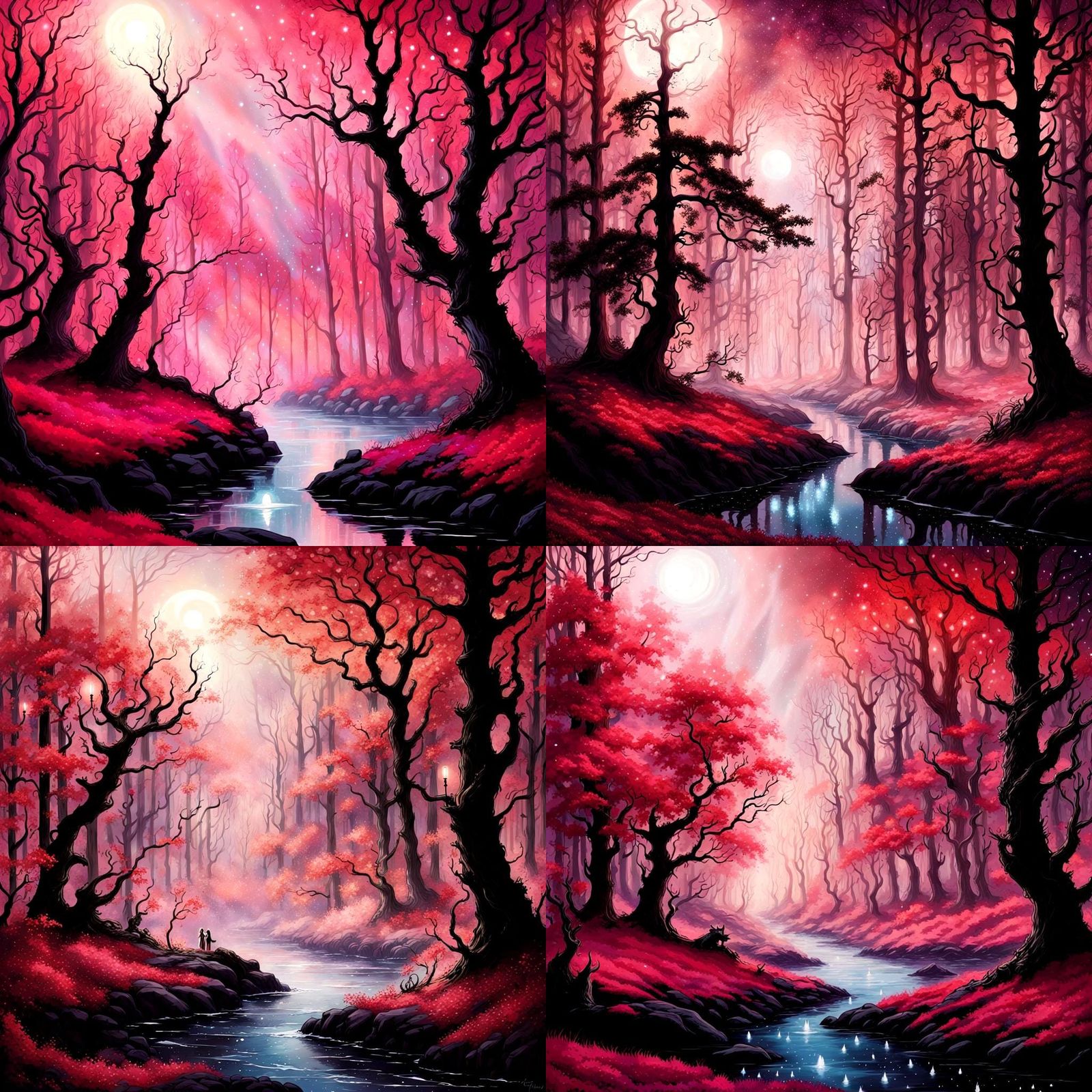 Beautiful fantasy forest, black black night, bright bright stars, glimmring sparkling, by rackham