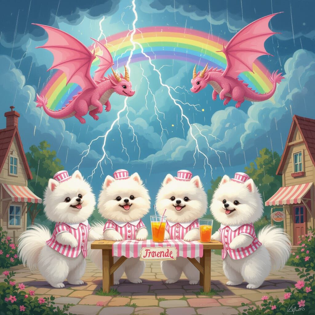 Pink Dragons and Pomeranians Selling Lemonade Under Rainbow