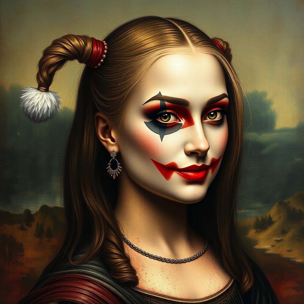 Hyperrealistic Mona Lisa as Harley Quinn