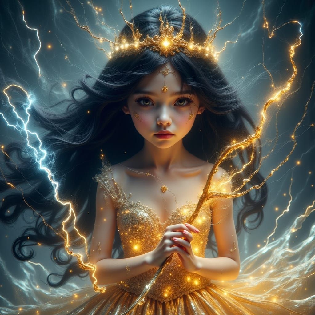 Girl in Golden Dress with Lightning Bow, Dreamy Art