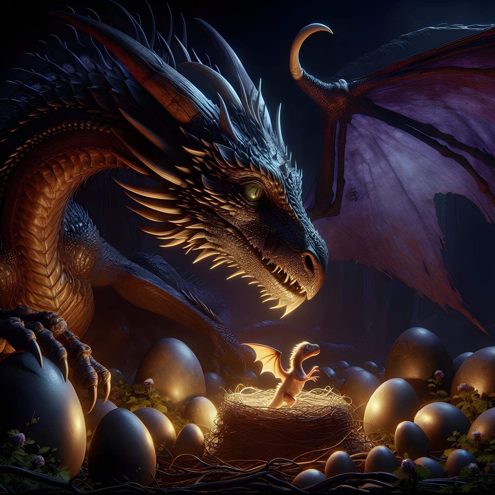 Mother Dragon Attends to Her Eggs in a Whimsical Art Nouveau...