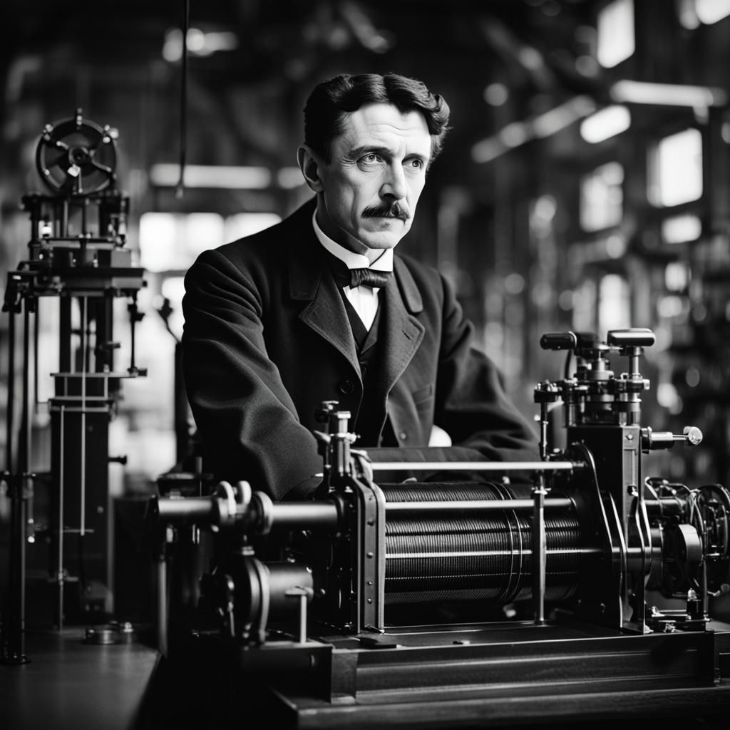 Nikola Tesla and Tesla Machine: Black and White Photo