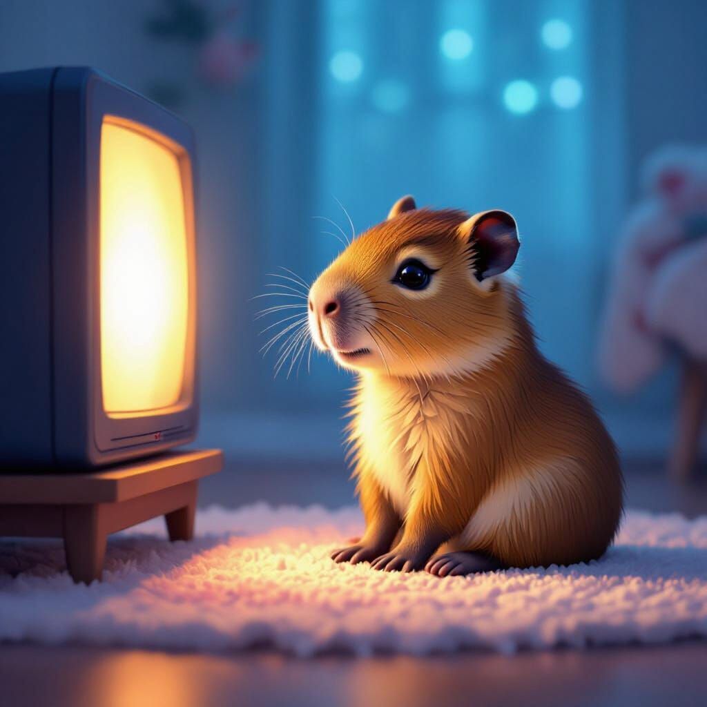 Adorable Baby Capybara Watches TV in Cozy Room