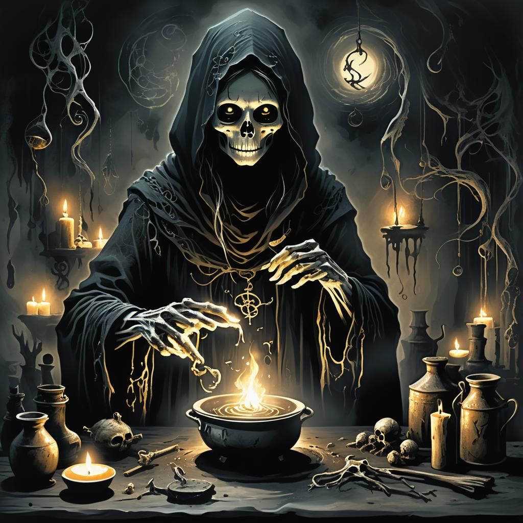 Mystical Kitchen Witch Brewing Potion in Dark Illustration
