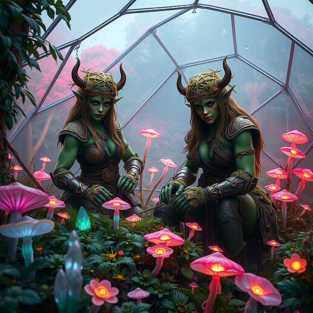 Mystical Geo Dome Garden Tended by Green-Skinned Female Orcs