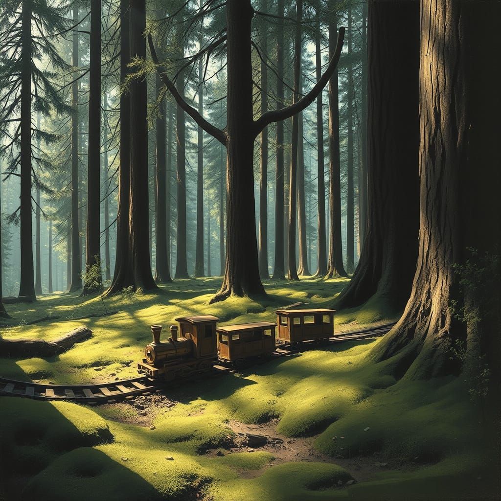 Forgotten Wooden Train Set in Ancient Pine Forest