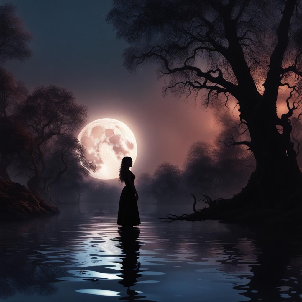 Graceful Female Silhouette Under Moonlit Sky