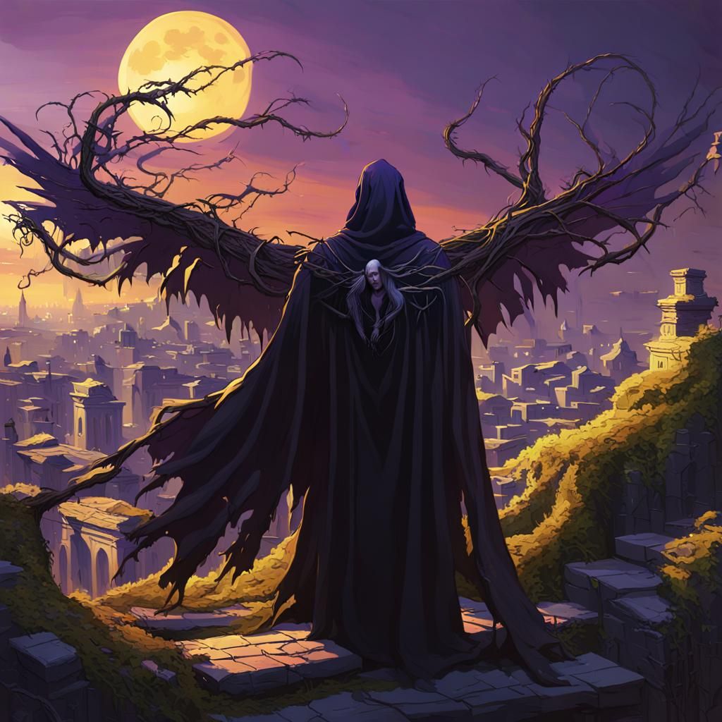 Dark Fantasy Figure in Ancient City Ruins