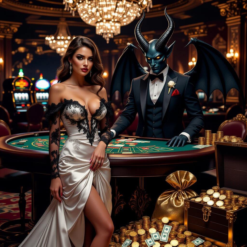 Luxurious Casino Scene with Woman and Demon