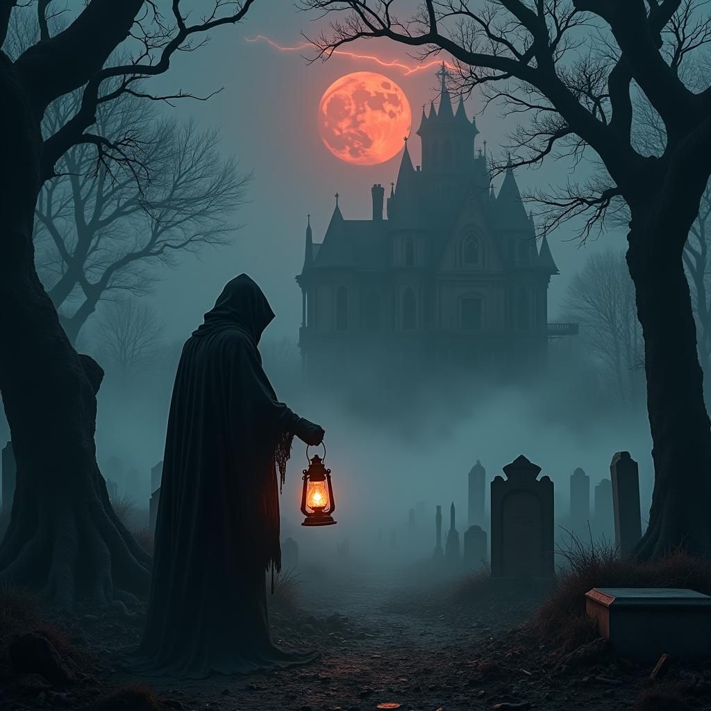 Eerie Graveyard Scene Under Blood-Red Moon