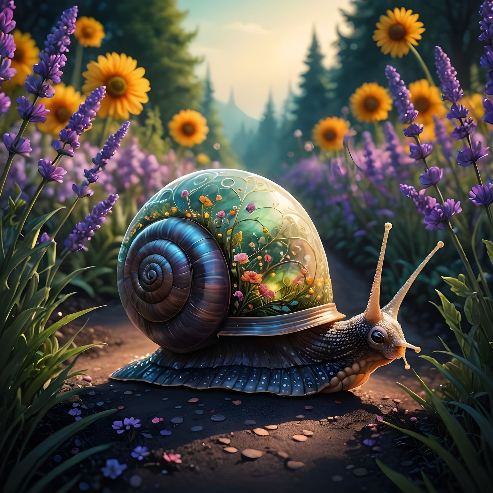 Whimsical Snail in a Fantastical Garden Landscape