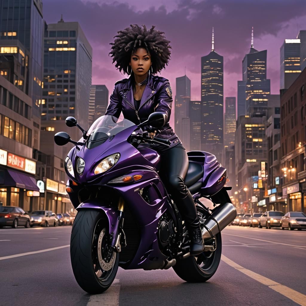 Biker Chick on Purple Hayabusa in Cityscape