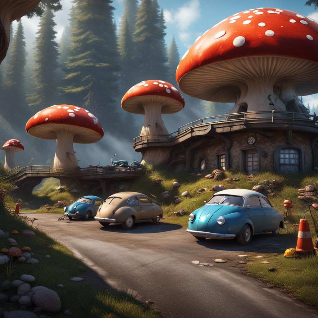 Huge mushroom shaped garage with mouse cars getting repaired and painted on the side of a mouse motorway with mouse poli...