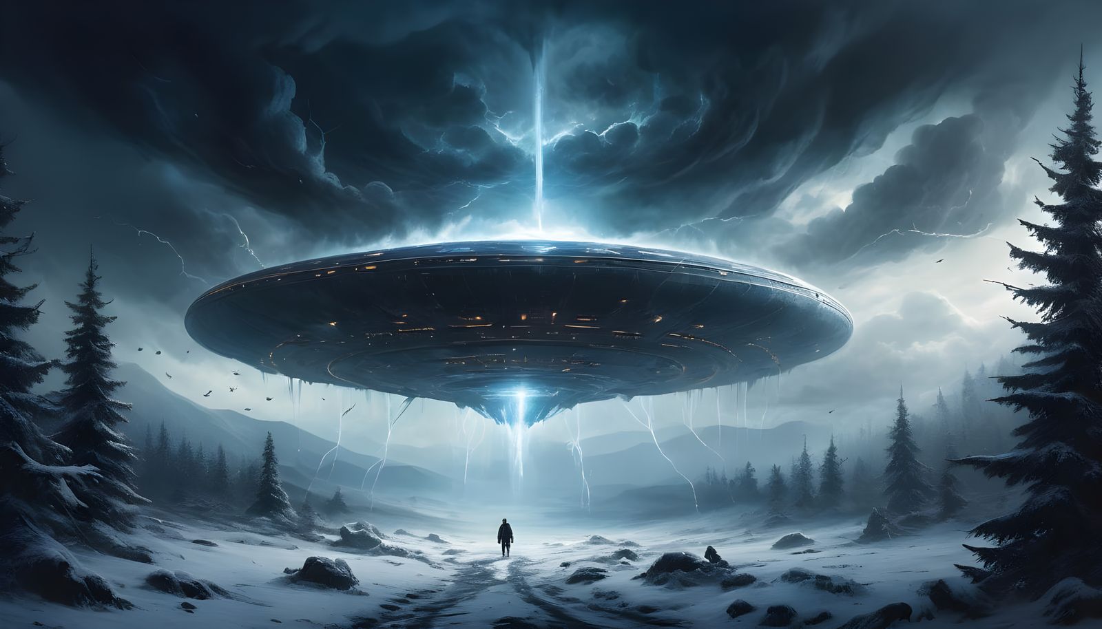 Ominous Alien Spacecraft Emerges from Thunderstorm in Winter...