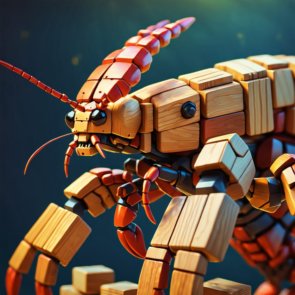 Wooden Block Robot Lobster in Digital Art Style