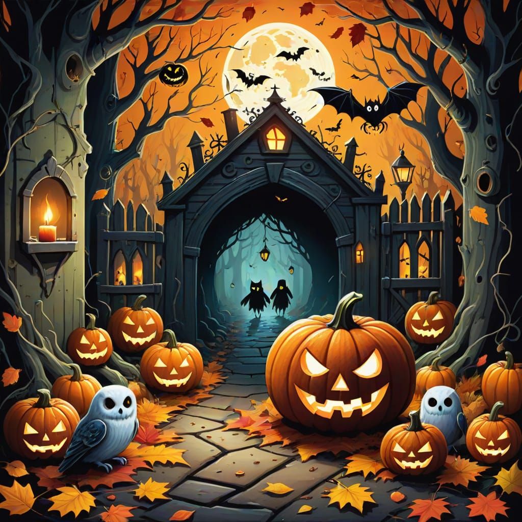 Spooky Halloween Alley with Otherworldly Forest Entrance