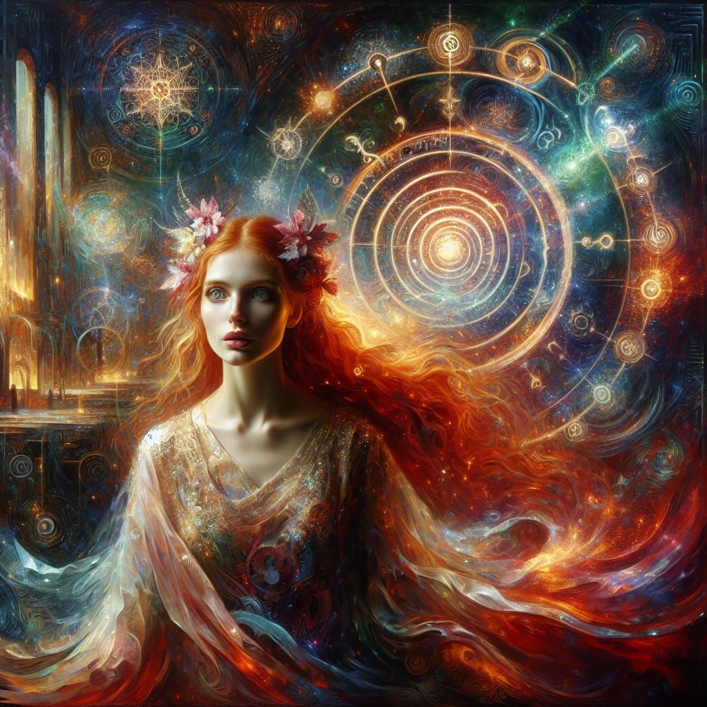 Woman Before Dimensional Portal in Romantic Style
