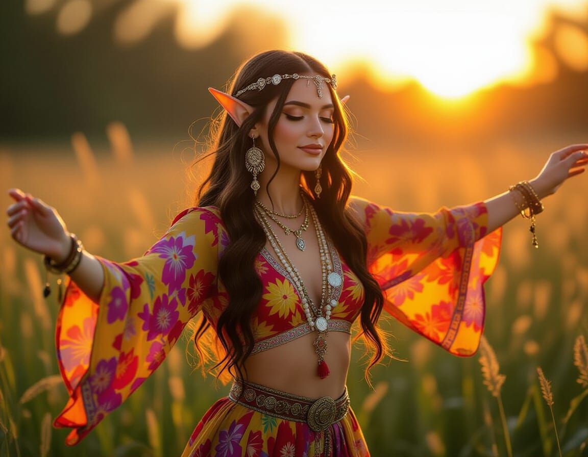 Hippie Elf Woman Dancing at Sunset, Photorealistic