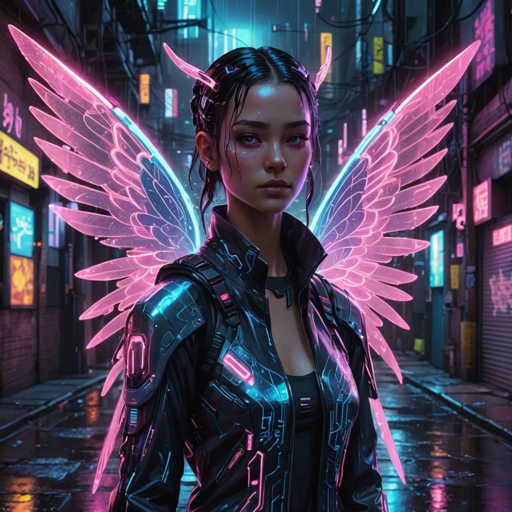 Cyberpunk Android Fairy with Hologram Wings