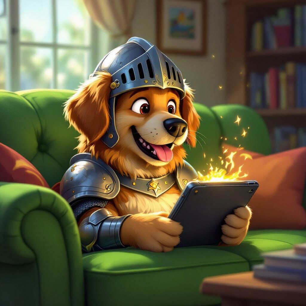 Golden Retriever Knight Plays Clash Royale on Tablet