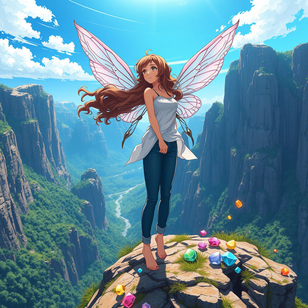 Fairy in Jeans on Mountain, Studio Trigger Anime Style