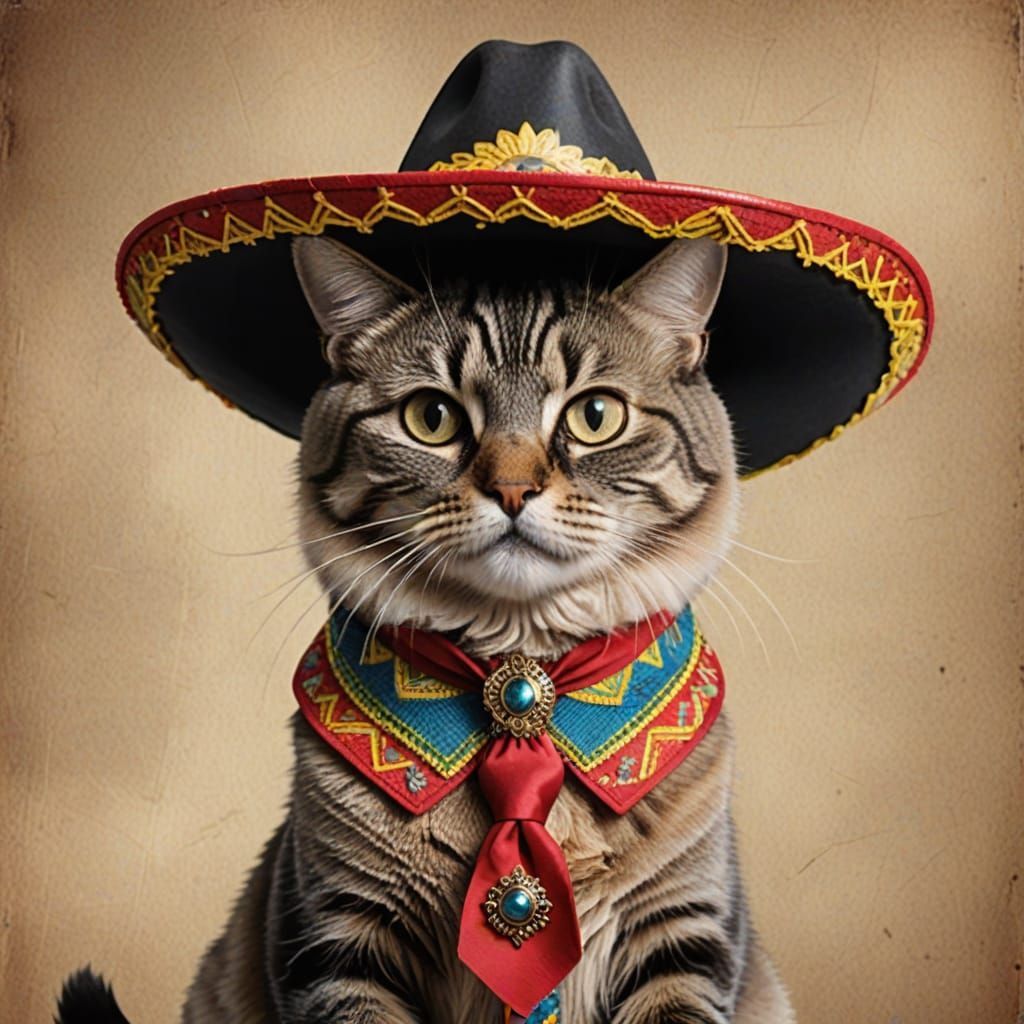 Dapper Cat in Sombrero: A Refined Portrait