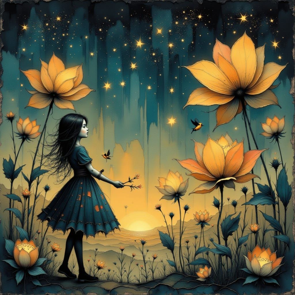 Whimsical Elf Tends Magical Glowing Garden