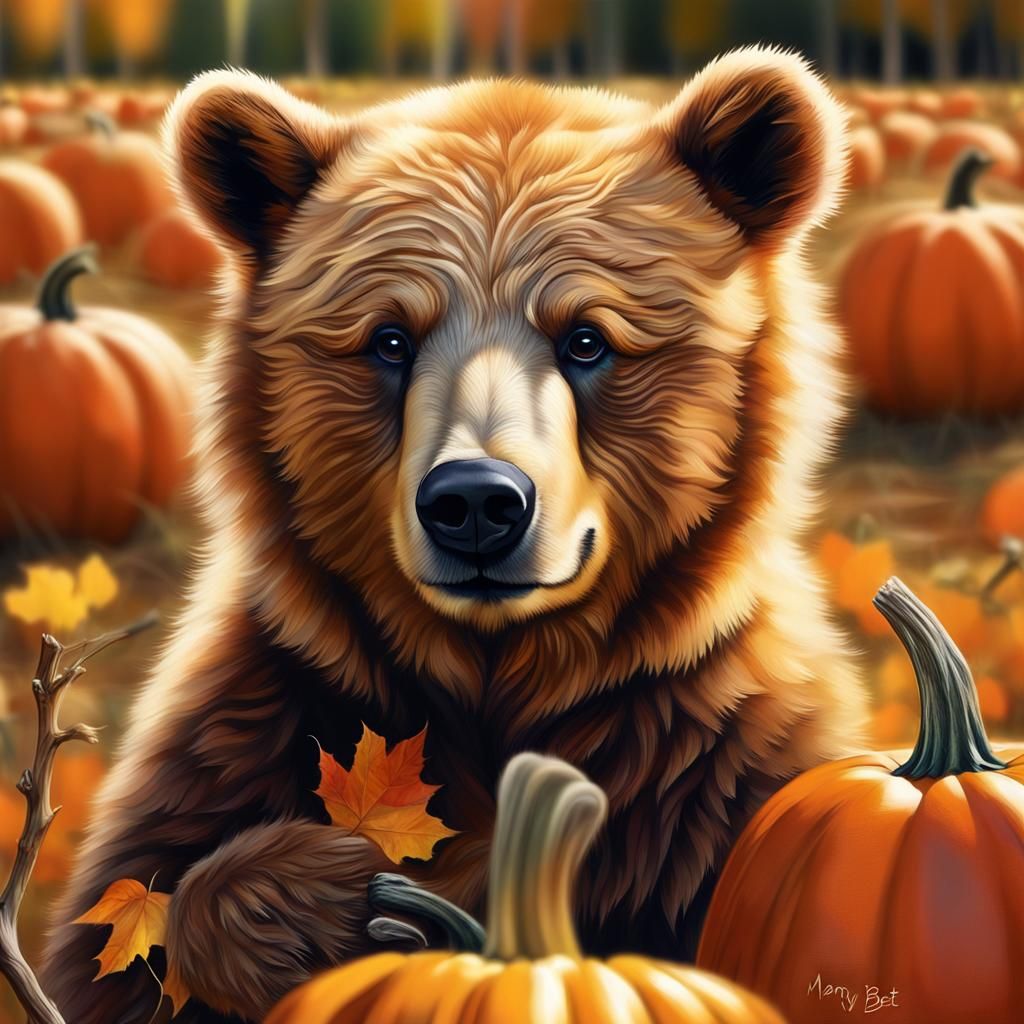 Fluffy Bear Cub Enjoys Autumn Pumpkin Patch
