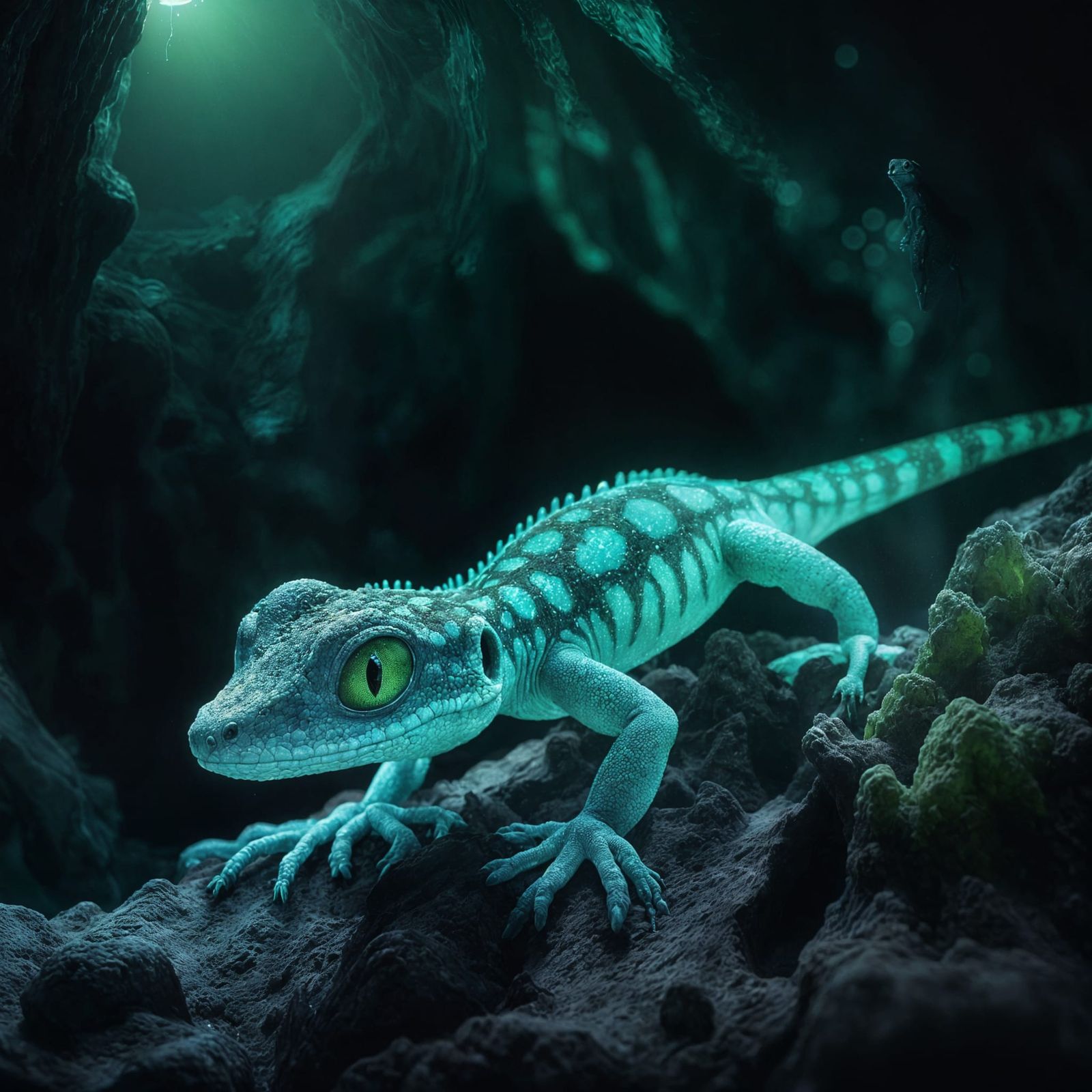 Glowing Bioluminescent Cave Gecko in Alien Stalactites Scene