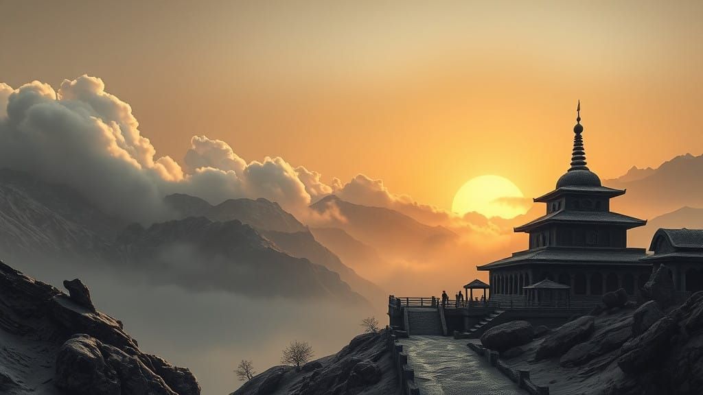 Surreal Himalayan Temple at Dawn in Hyper-Realistic Monochro...