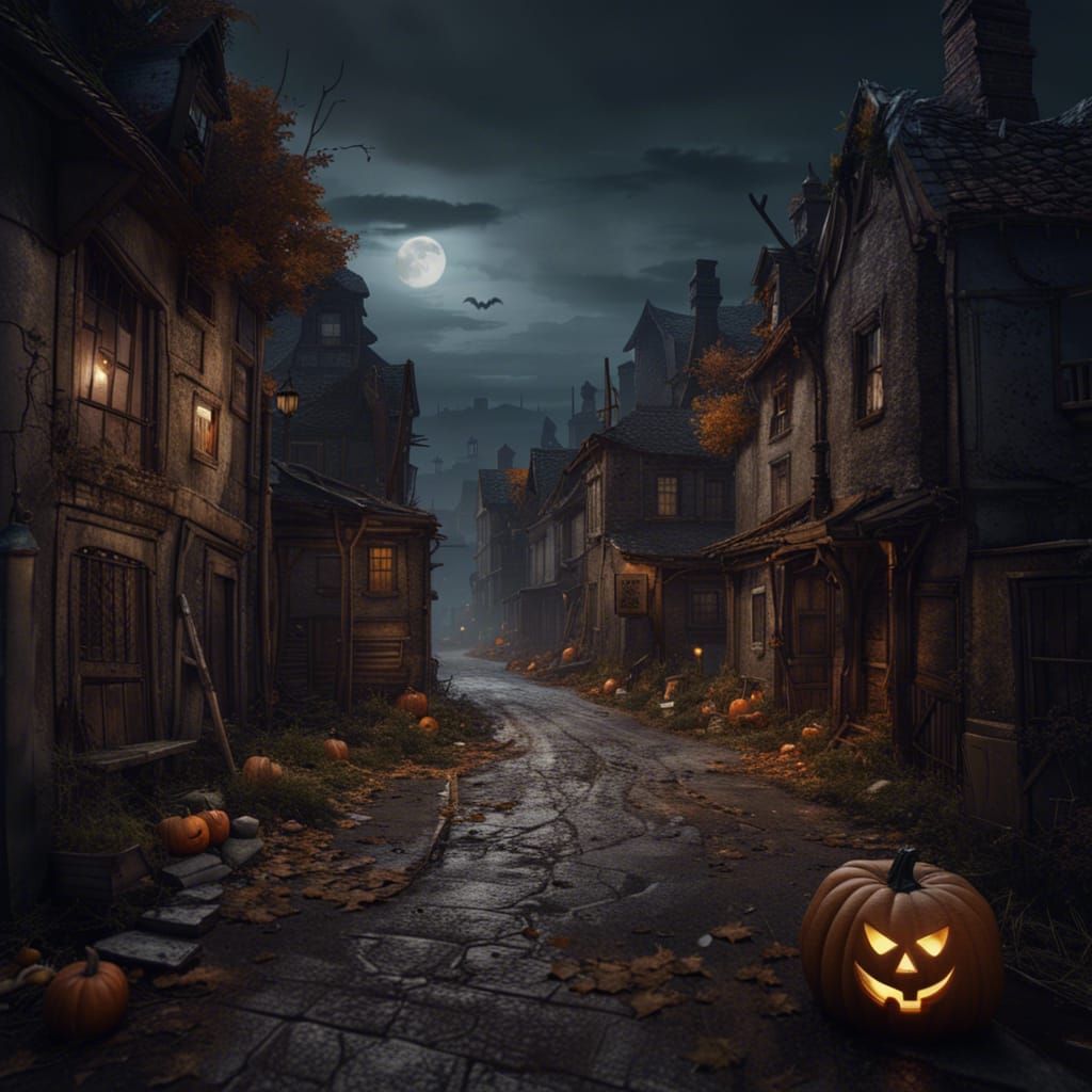 Haunted Halloween Village Street in Detailed Matte Painting