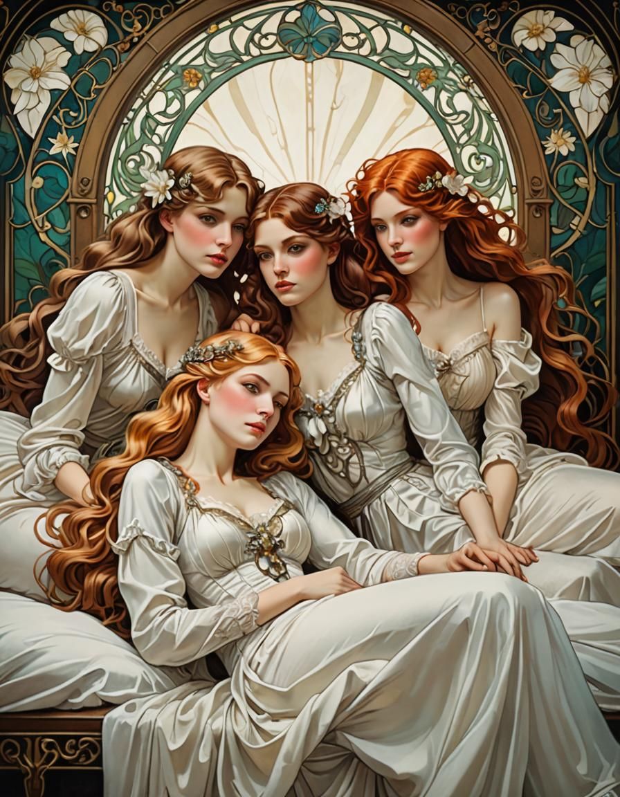 Art Nouveau Fantasy: Three Girls in Bedroom